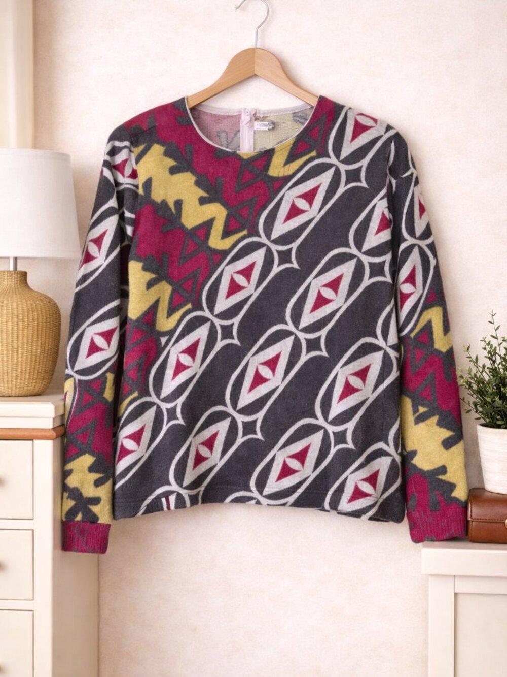 Vintage Helen Sue 70s Mod Geometric Top Pink Yellow Gray Hong Kong Women's